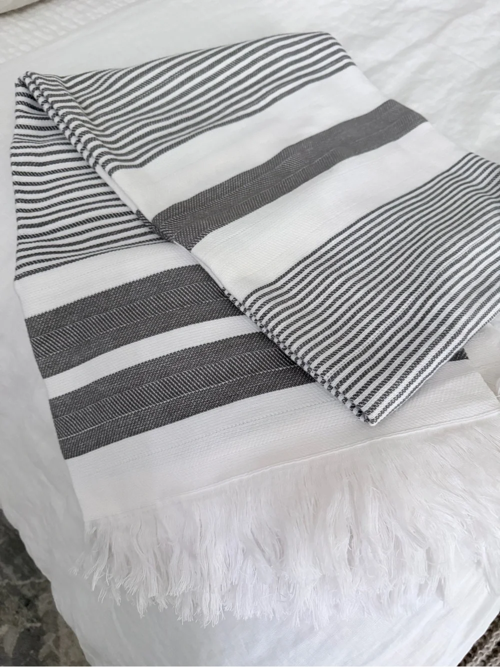 Gray and White oversized (2) Towels with Striped Design